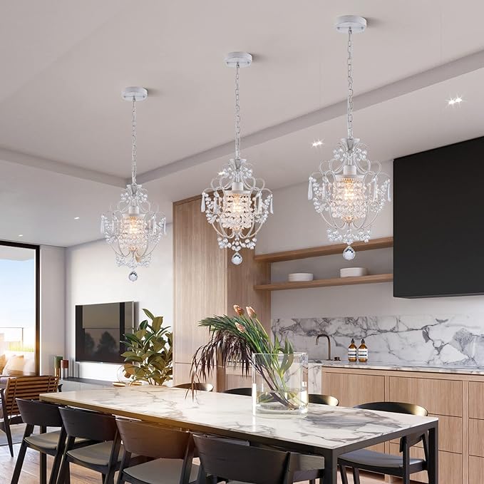 Modern Mini Chandelier,White Retro Crystal Light Fixtures Ceiling Mount 1 Light Small Crystal Chandeliers for Bedroom Elegant Hanging Lighting for Girls Room Dining Room Closet Kitchen Island
