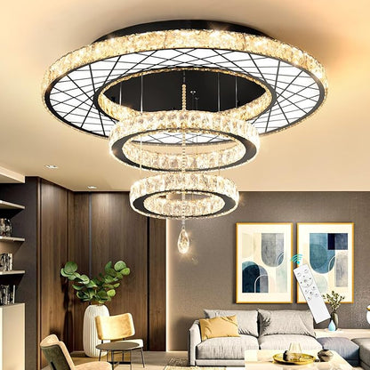 HAIXIANG Crystal Glam Chandelier LED Ceiling Light Dining Bedroom Interior Lighting Fixtures Remote Dimmable Ceiling Chandeliers 24 Inches Black Light