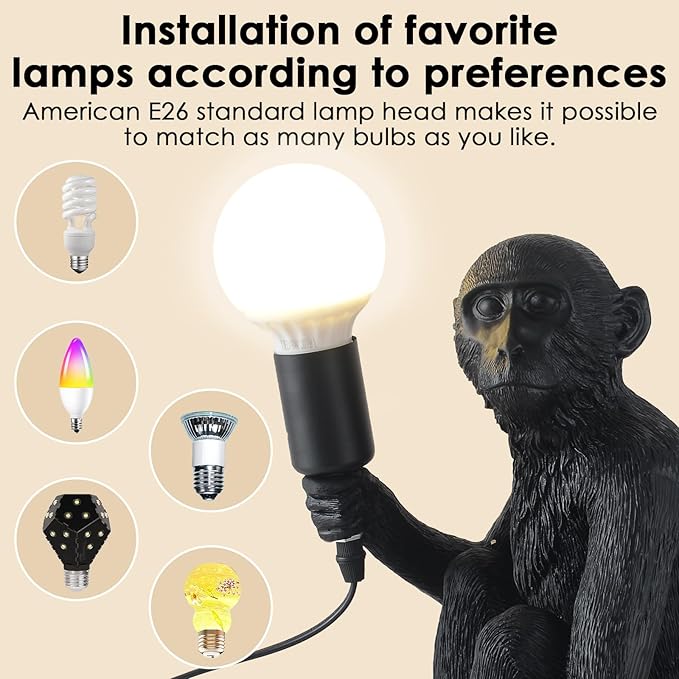 Modern Resin Monkey Wall Lamp Table Lamp Hemp Rope Pendant Light Vintage Monkey Lamp for Home Decor Dining Living Room Bedroom Entryway (Black, Table)