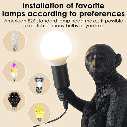 Modern Resin Monkey Wall Lamp Table Lamp Hemp Rope Pendant Light Vintage Monkey Lamp for Home Decor Dining Living Room Bedroom Entryway (Black, Table)