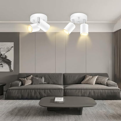 2 Light Track Lighting Fixtures Ceiling, Matte White Round Directional Ceiling Spotlight, GU10 Flush Mount Track Fixture, Flexibly Rotatable Light Head for Kitchen/Living Room, Bulb Not Included