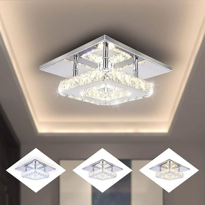 Modern Crystal Chandelier 7.9 Inches Led Ceiling Light Mini Square Flush Mount Ceiling Light for Bedrooms Dinning Rooms Hallway(Changeable Color,15W)