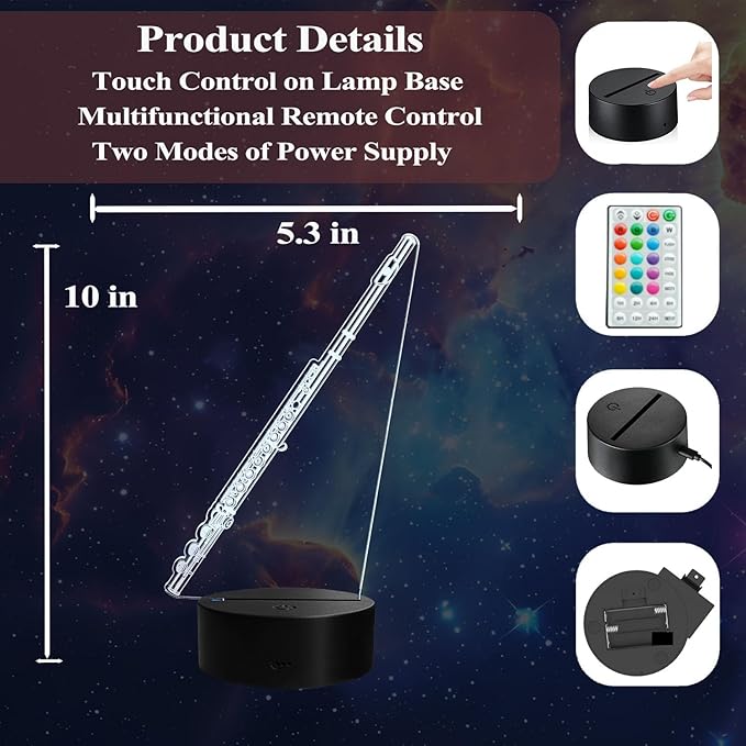 Flute Night Light, Flute Gifts, 3D Illusion Lamp with Remote Control, 16 RGB Colors, 4 Flashing Modes, Timer, Dimmable, Flute Instruments Accessories for Holiday Birthday Christmas
