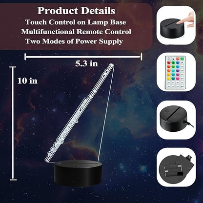 Flute Night Light, Flute Gifts, 3D Illusion Lamp with Remote Control, 16 RGB Colors, 4 Flashing Modes, Timer, Dimmable, Flute Instruments Accessories for Holiday Birthday Christmas