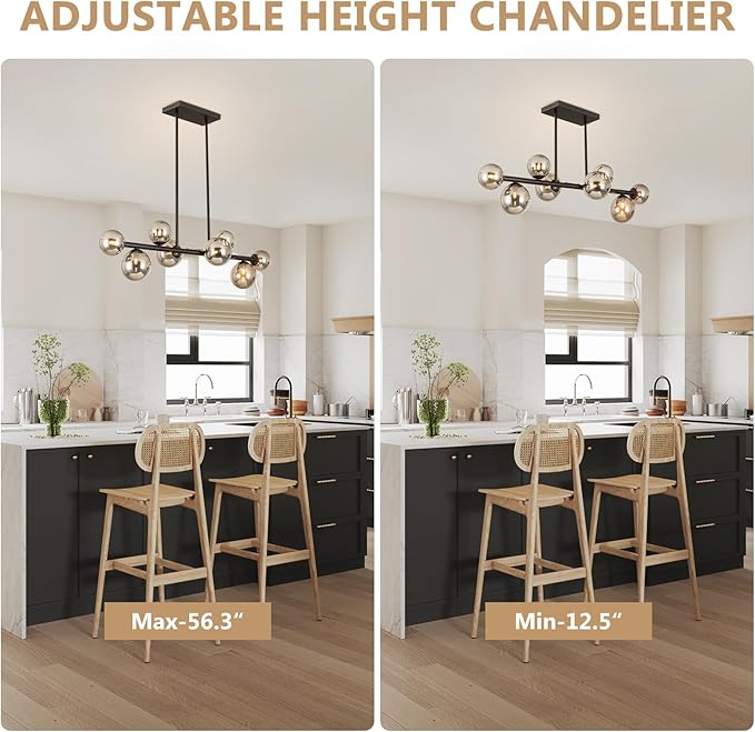 Jonsi Dining Room Light Fixture Over Table, Mid Century Chandeliers, Modern 8 Lights Smoke Grey Globe Glass Linear Chandelier Adjustable Ceiling Hanging for Living Dining Room Kitchen Island, Black