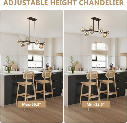 Jonsi Dining Room Light Fixture Over Table, Mid Century Chandeliers, Modern 8 Lights Smoke Grey Globe Glass Linear Chandelier Adjustable Ceiling Hanging for Living Dining Room Kitchen Island, Black