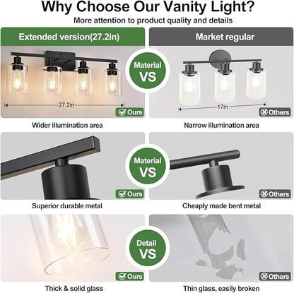 MOKATNG 4-Light Bathroom Light Fixtures, Vanity Light with Clear Glass Shades, Matte Black Bathroom Light Fixtures Over Mirror, Modern Bathroom Wall Lamp for Mirror Living Room Cabinet Bedroom