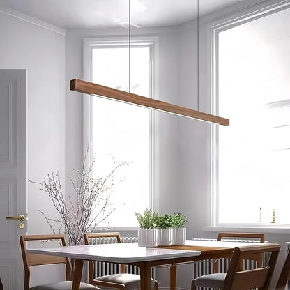 Modern LED Chandelier Walnut Color Dining Room Kitchen Island Long Hanging Lights Restaurant Office Coffee Home Lighting Ash Wood Remote Control Dimmable (1 Rectangle Base, 100cm(39.3in))