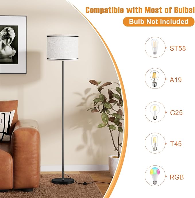 Ambimall 60'' Modern Floor Lamp with Shade, Tall Lamps for Living Room, Bedroom, Office, Dining Room, Beige Lampshade with Black Stripes(Without Bulb)