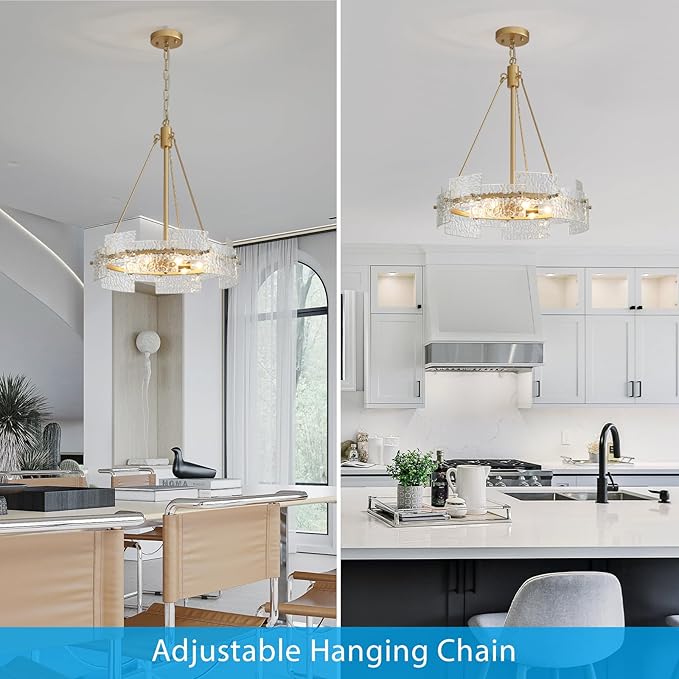 XINGQI 6-Light Modern Gold Glass Chandelier 19.7" Drum Light Fixture Round Water Ripple Pendant Lighting for Dining Room Living Room Kitchen Island Office
