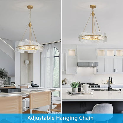 XINGQI 6-Light Modern Gold Glass Chandelier 19.7" Drum Light Fixture Round Water Ripple Pendant Lighting for Dining Room Living Room Kitchen Island Office