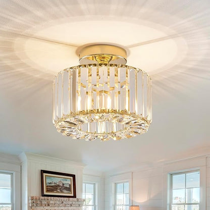 BUXVRCS Crystal Ceiling Light Fixture - Semi Flush Mount Ceiling Light Modern Chandelier Hallway Light Fixtures Ceiling Flush Mount Light Fixtures for Kitchen Bedroom Bathroom Entryway (Gold)