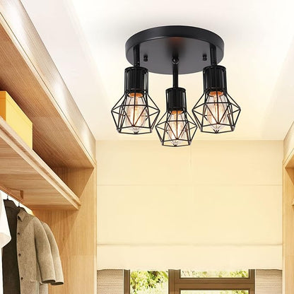 3-Light Flush Mount Ceiling Light Fixture, Industrial Kitchen Light Fixtures Ceiling, E26 Black Farmhouse Ceiling Light Fixture Black for Dining Room Hallway Entryway