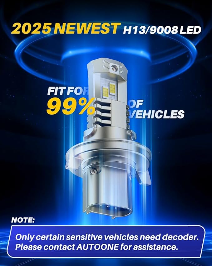 AUTOONE Upgraded H13/9008 Light Bulbs, 26,000LM White 800%, 1:1 Mini Size No Adapter Required H13 bulb, Plug & Play Quick Installation, 2PCS