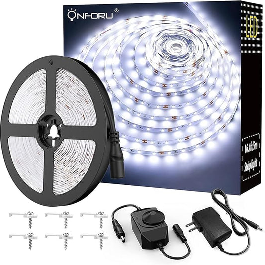 Onforu LED Light Strip,16.4ft Dimmable LED Tape Light, 6000K Daylight White Strip Lighting, 300 LEDs Flexible Vanity Mirror Light, 5M 12V Ribbon Rope Light for Bedroom, Under Cabinet,Kitchen,Christmas
