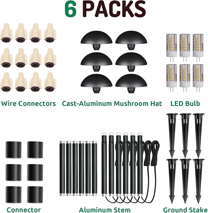 Lumina Lighting® Low Voltage Landscape Lighting Cast-Aluminum Path and Area Light Warm White 3W G4 LED Bulb and ABS Ground Stake Included for Yard Walkway Lawn PAL0107-BkLED6 (Black,6-Pack)