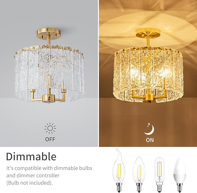 LumFurn 3-Light Modern Ceiling Light for Living Room, Bedroom, Foyer, Kitchen, Close to Ceiling Semi-Flushmount Light Fixture, D12.6 x H14.6, Handmade Glass Shade & Gold Finish Frame