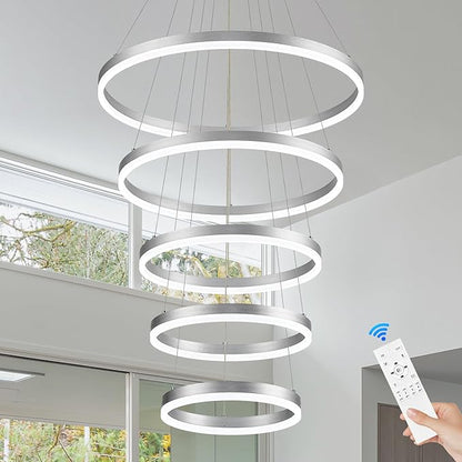 Benkut 5-Rings Modern LED Chandelier Silver High Ceiling Chandelier with Remote Control Dimmable Pendant Lighting for Dining Room Foyer Living Room Entryway Staircase(3000K-6500K, D23.6in)