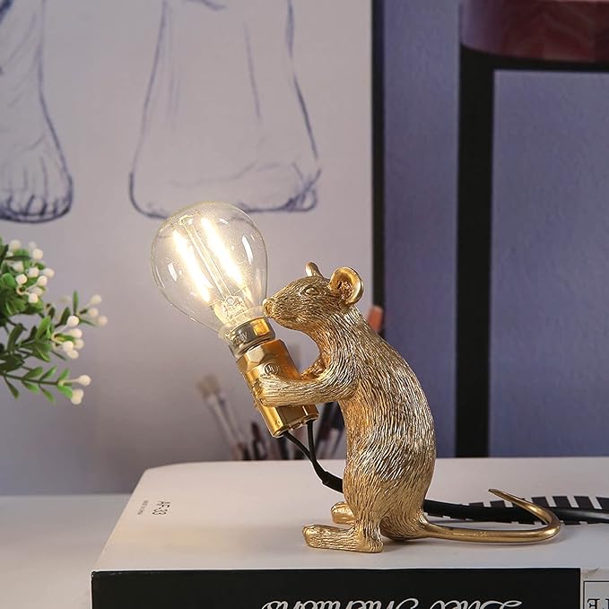 NorDiem Modern Cute Art Mouse Table Lamp Children's Bedside Gift Mini Mouse Lamp LED Resin Animal Small Mice Desk Lights (Gold Sitting)