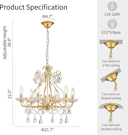 WUZUPS Crystal Candle Chandelier Pendant Flushmount Ceiling Light Modern Lighting Fixture for Bedroom Hallway Bar Kitchen Bathroom, H 22.5" x W 21.7", Gold, E12 Base