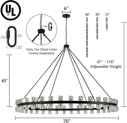 70 Inch Black Wagon Wheel Chandelier with Crystal Shade, 72 Lights, Modern Farmhouse Style, Ideal for Dining Room, Kitchen, Entryways
