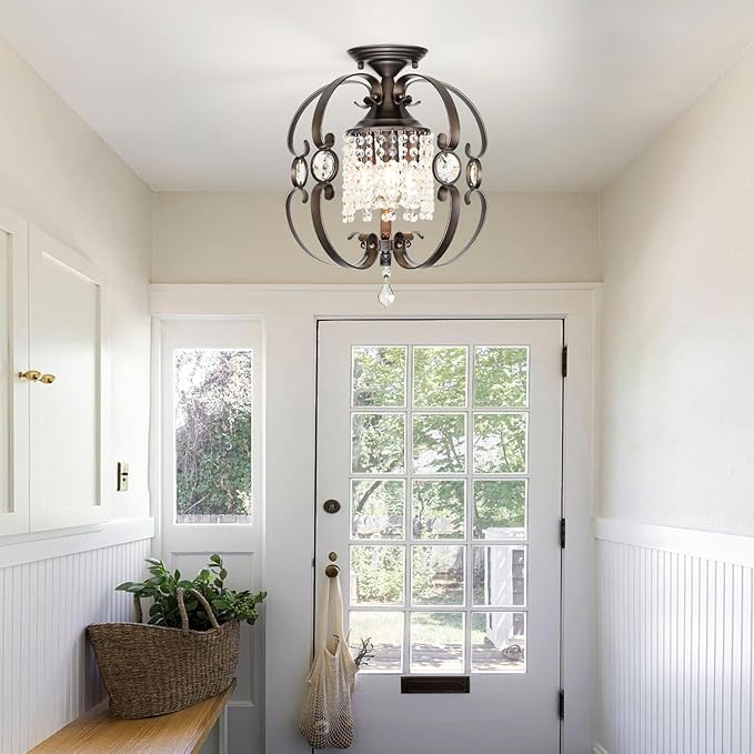 Bronze Crystal Chandeliers for Dining Room, 3-Light 14 Inch Flush Mount Ceiling Light Fixture,Vintage Hanging Pendant Lighting for Kitchen Island,Living Rooms, Foyer
