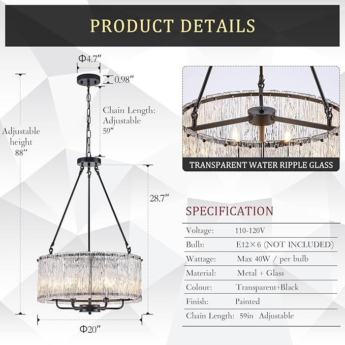 CATINER Black Drum Chandelier 6-Light Modern Crystal Glass Chandeliers 20" Luxury Ceiling Pendant Light Fixture for Entryway Foyer Dining Room Bedroom Kitchen