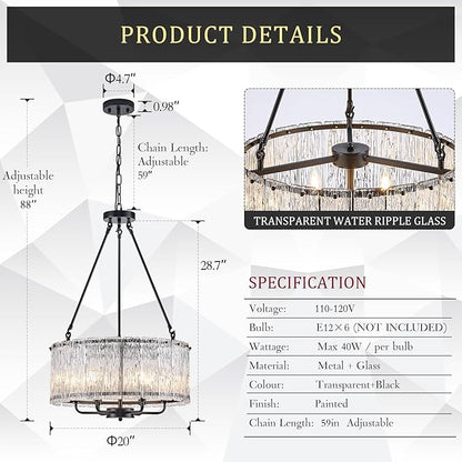 CATINER Black Drum Chandelier 6-Light Modern Crystal Glass Chandeliers 20" Luxury Ceiling Pendant Light Fixture for Entryway Foyer Dining Room Bedroom Kitchen
