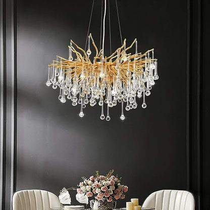 Crystal Chandeliers for Dining Room, 24inch Modern Gold Chandelier, 8-Light Round Tree Branch Chandelier, Raindrop Ceiling Pendant Hanging Light Fixtures for Living Room, Bedroom, Kitchen Island
