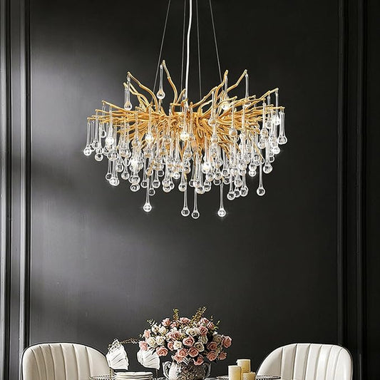 Crystal Chandeliers for Dining Room, 24inch Modern Gold Chandelier, 8-Light Round Tree Branch Chandelier, Raindrop Ceiling Pendant Hanging Light Fixtures for Living Room, Bedroom, Kitchen Island