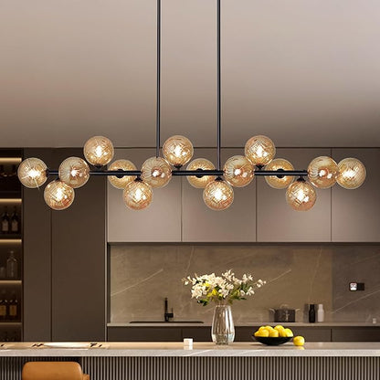 Linear Sputnik Chandelier, 55" Dining Room Light Fixture Modern Chandelier with Amber Swirled Globe 16 Lights Long Chandeliers for Dining Room Kitchen Island Large Chandelier for High Ceilings