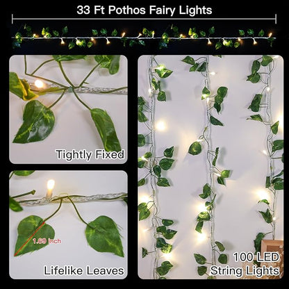 suddus Vine with Fairy Light Plug in, 33ft 100 LED Pothos String Lights Connectable with Remote, Leaf Lights for Bedroom, Room, Wall, Garden, Party, Wedding Dorm Decor (Warm White)