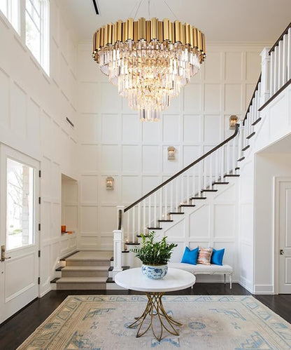 Gold Crystal Chandelier Lighting, 9 Light Crystal Dining Room Chandelier Light Fixture for High Ceiling Foyer Hall Entryway 5 Tier 27.5 inch