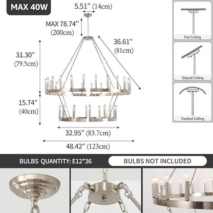 HHR 2 Tier Wagon Wheel Chandelier 36-Light 48 Inch, Extra Large Nickel Round Rustic Candle Farmhouse Pendant Light Fixture for High Ceilings, Dining Room Living Room Office E12