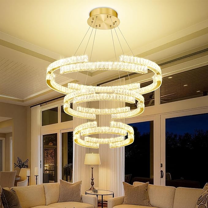 D40''+D27.5''+D15.7'' Modern Gold 3 Ring Crystal Chandeliers for Living Room Crystal Pendant Light Foyer Entrance LED Dimmable 3000-6000K Fixtures