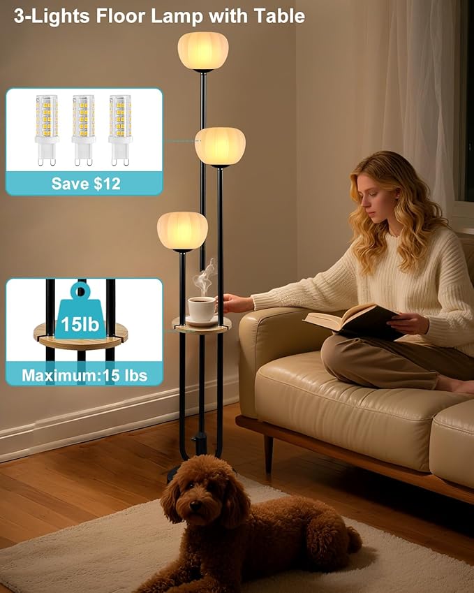 Black Floor Lamp Dimmable Modern Floor Lamps with Pumpkin Lampshade & Table, 3000K Soft Warm White Bulbs Included, 3-Light Tall Standing Lamp with 5Lbs Heavy Base for Living Room/Bedroom