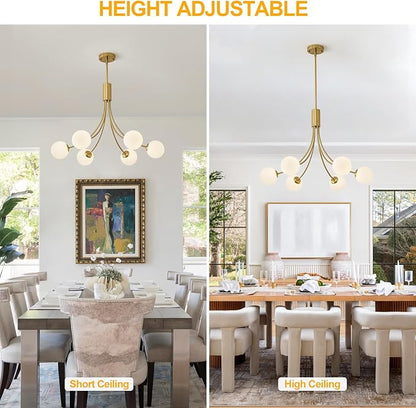 Modern Mid Century Gold Chandeliers, 6-Light Glass Globe Chandeliers Hanging Sputnik Chandelier Light Fixtures for Dining Room Living Room Bedroom Kitchen Island Foyer
