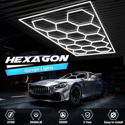 FERUERW Hexagon Garage Lights 14 Grid, 3 Color Temperature(2700/4300/6500K) Dimmable with Rectangle Frame, 14 Hex Grid for Garage, Shop, Basement, Car Detailing Shop etc. with Mounting Clip