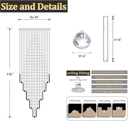 Flashing God D40''x H110'' Modern Crystal Chandelier LED Dimmable Large Raindrop Chandeliers High Ceiling Light for Foyer Stairwell Entryway Living Room Silver