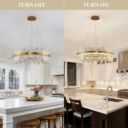 23.6" Dimmable Modern LED Crystal Chandeliers,Gold Chandelier Light Fixture, 3 Colors Contemporary Pendant Ceiling Light for Dining Room Living Room Kitchen Island Entryway Foyer ,With Remote Control