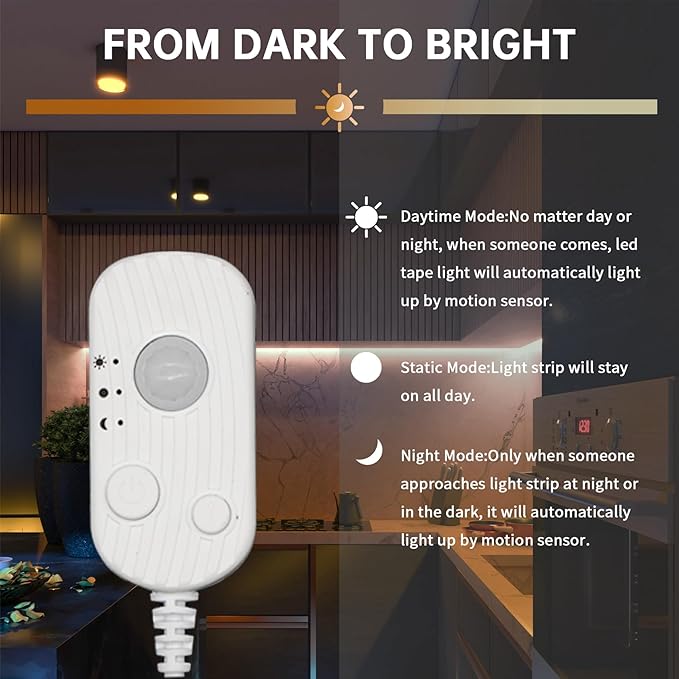 Motion Sensor LED Light Strip, Strip Light USB Powered 16.4ft, Day Night Modes & Dimming Brightness, Adhesive Tape 5V Free Cutting Rope Lights for Indoor Outdoor Decor