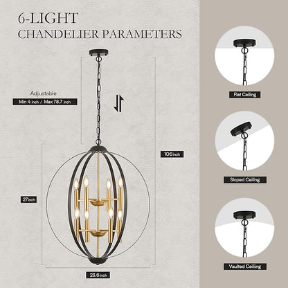 23.6''Black Gold 8-Light Globe Chandelier, Modern Industrial Adjustable Hanging Ceiling Pendant Light Fixture for Entryway Foyer Stairway Hallway Bedroom Living Room Kitchen Island