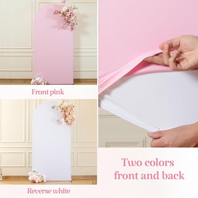 Set of 3 Arch Backdrop Covers(6ft, 5ft, 4ft) - Premium Stretchy Spandex Backdrop Arch Stand Cover for Baby Shower,Wedding,Party Decor Chiara Cover with Double-Sided Design(White, Light Pink)