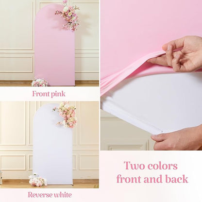Set of 3 Arch Backdrop Covers(6ft, 5ft, 4ft) - Premium Stretchy Spandex Backdrop Arch Stand Cover for Baby Shower,Wedding,Party Decor Chiara Cover with Double-Sided Design(White, Light Pink)