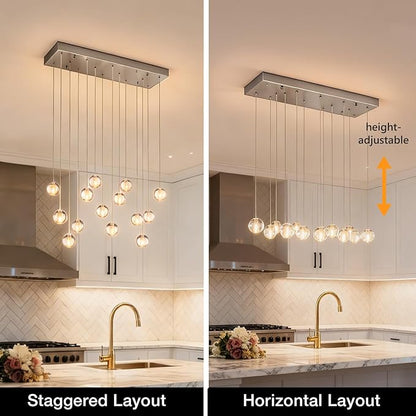 14 Lights Nickel Raindrop Rectangle Chandelier, Modern Bubble Crystal Chandelier for Dining Room, Large Pendant Light for High Ceilings Staircase Foyer Entryway Living Room Kitchen Island