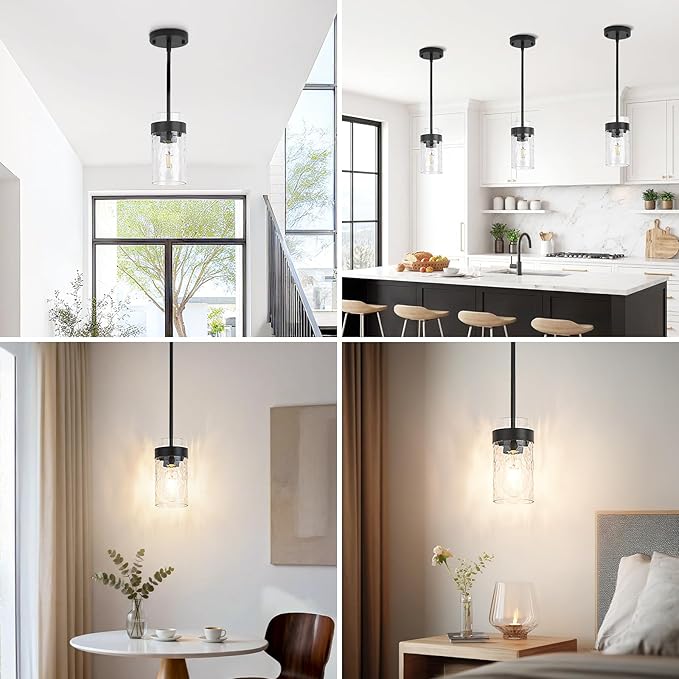 Water Ripple Glass Pendant Lights Kitchen Island Black Pendant Light Fixtures Adjustable Modern Mini Hanging Light for Sink Dining Room Foyer Entryway Bar, 2 Pack