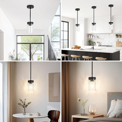 Water Ripple Glass Pendant Lights Kitchen Island Black Pendant Light Fixtures Adjustable Modern Mini Hanging Light for Sink Dining Room Foyer Entryway Bar, 2 Pack