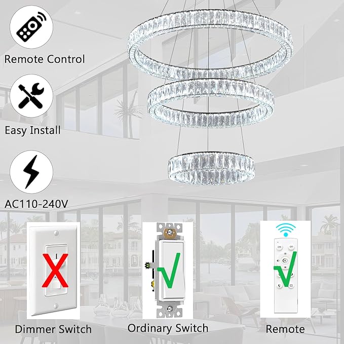 HAIXIANG Modern Glam Chandelier Crystal LED Remote Rings Chandelier Adjustable Hanging Ceilings Pendant Lights Fixture Gold 16"+24"+32" Rings Lighting