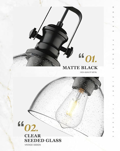 Black Pendant Lights Kitchen Island, 7.5" Farmhouse Pendant Lighting with Clear Seeded Glass Shade, Vintage Hanging Light Fixtures for Dining Room, AD-22151-1P-BK-G