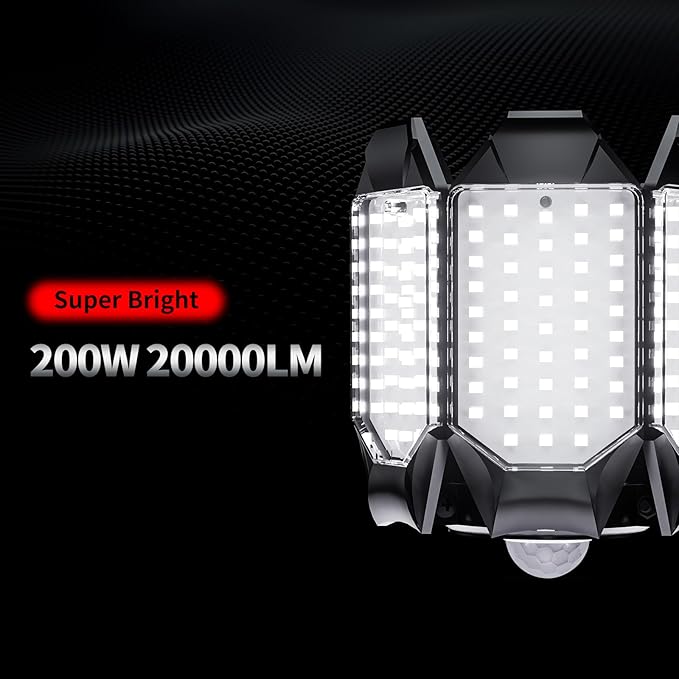 LED Garage Light Motion Sensor - 200W Deformable Garage Lights Ceiling LED, 20000LM Shop Lights Motion Activated, Motion Sensor Light Indoor for Garage, Workshop, Basement,Barn (2 Pack)